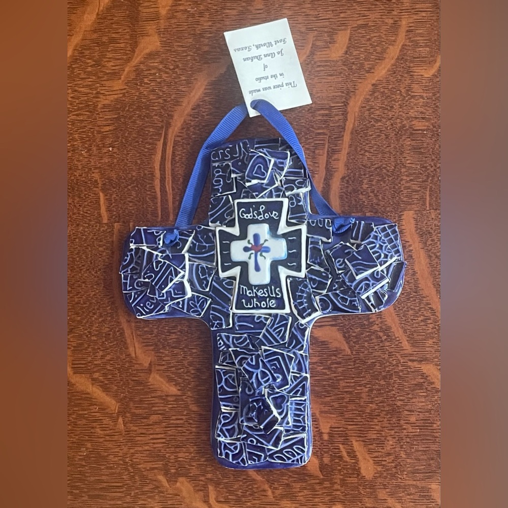 Handmade Blue and White Cross Ceramic Art Piece With Message